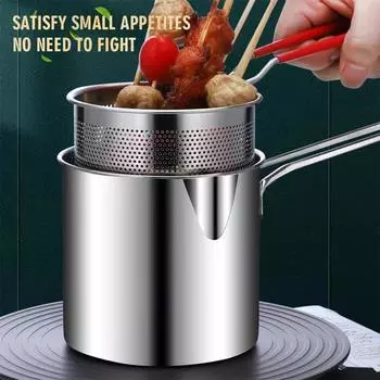 Kitchen Fryer with Strainer & Food Tongs Stainless Steel Tempura Small Deep Frying Pan Deep Fryer Pot for Kitchen Fried Chicken