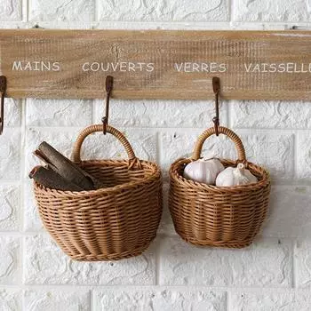 Kitchen Organizer Wall Hanging Storage Basket Woven Basket Decorative Flower Organizer Kitchen Tableware Fruit Vegetable Storage