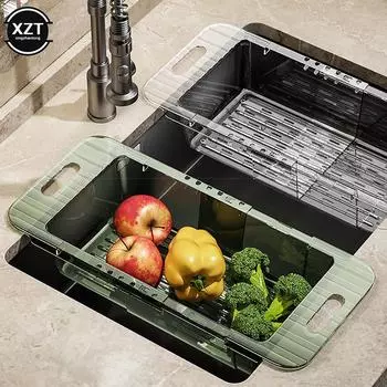 Kitchen Retractable Drain Basket Vegetable Washing Basin Household Plastic Sink Vegetable Basket Shelf Wash Basin Drain Basket зелёный