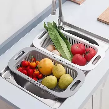 Kitchen Retractable Sink Drain Rack Drain Basket Dish Shelf Multi-functional Vegetable Fruits Washing Basin Filter Basket серый