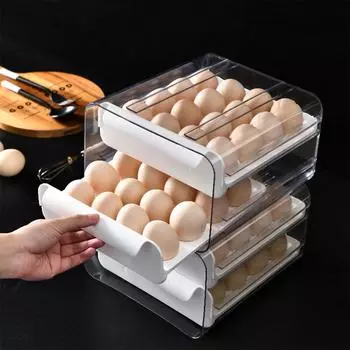 Kitchen Rolling Egg Container with Lid Stackable Plastic Egg Holder Egg Tray for Refrigerator or Fridge Storage and organization 2-Layer
