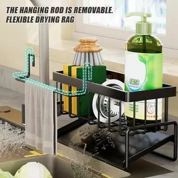 Kitchen Sink Caddy Sponge Holder Tilted Self-Draining Design Large Capacity Rustproof No Drill Required Dish Soap Sponge Caddy Storage Basket A чёрный