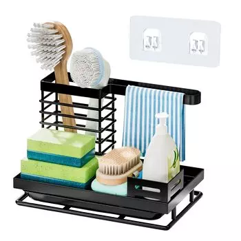 Kitchen Sink Caddy with Dish Rag Holder Carbon Steel Kitchen Rag Organizer with Removable Water Tray for Sponge Dish Brush Sink чёрный