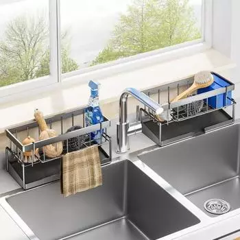 Kitchen Sink Drain Rack Organizer Carbon Steel Self-draining Sink Shelf Soap Sponge Holder Dishcloth Towel Rack Filter Basket