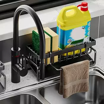 Kitchen Sink Drain Rack Organizer Kitchen Sink Soap Sponge Holder With Self-draining Tray Stainless Steel Sink Shelf Towel Rack