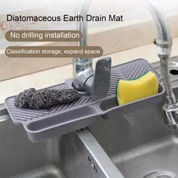 Kitchen Sink Faucet Mat Silicone Drain Pad Splash Guard Sponge Holder Tray Quick Dry Diatomaceous Earth Stone Cooking Space Organizer for Bathroom Bar чёрный