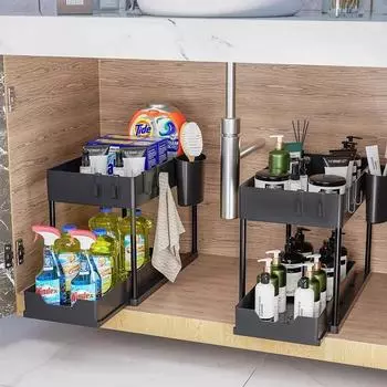 Kitchen Sink Table Top Single Pull-out Storage Rack Bathroom Storage Rack Tiered Shelf чёрный