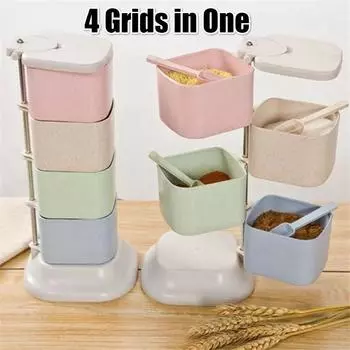 Kitchen Solid Seasoning Box Wheat Straw Four Grids Can Be Rotated Vertical with Spoon Seasoning Box