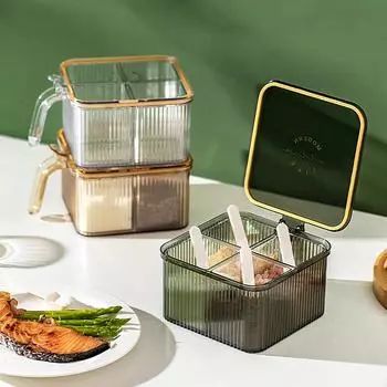Kitchen Spice Seasoning Box Separate Salt Pepper Storage with Spoon Sugar Container Organizer Tool жёлтый