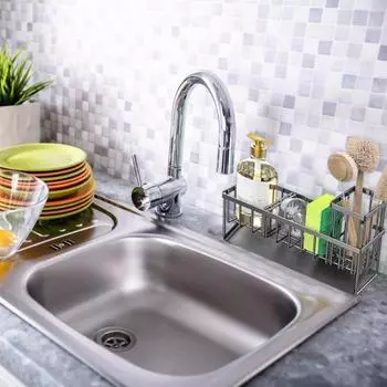 Kitchen Sponge Drain Rack with Drainage Tunnel Hollow Out Quick Drainage 2 Compartments Sponge Dish Rag Storage Basket Cleaning Brush Sink Organizer A серый