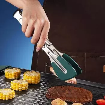 Kitchen Stainless Steel Silicone Tongs BBQ Grilling Cooking Salad Bread Serving Clip Non-Stick Anti-slip Clamp Utensil Gadgets красный