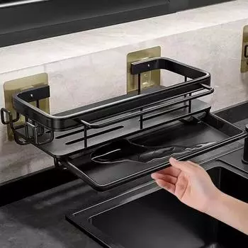 Kitchen Storage Rack Shelf Hanging Towel Sponge Drain Organizer Alumimum Sink Drain Rack Basket Bathroom Shampoo Towel Holder чёрный