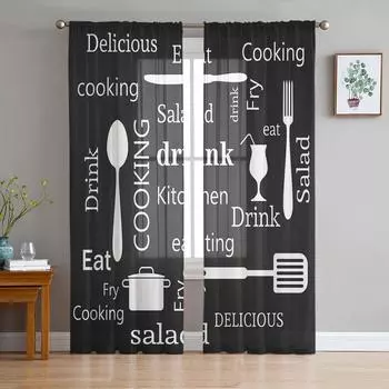Kitchen Text Knife And Fork Curtain For Living Room Transparent Tulle Curtains Window Sheer For The Bedroom Accessories Decor W135 x H114cm