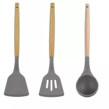 Kitchen Utensils Set, 3 Pcs Non-Stick Silicone Kitchen Cooking Utensils with Wooden Handle, Kitchen Spatula Cookware Utensils Set, серый