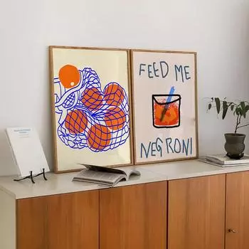 Kitchen Wall Art Negroni Cocktail Poster and Print Feed Me Quote Alcoholic Fruit Canvas Painting Kitchen Bar Pictures Home Decor 21x30cm No Framed