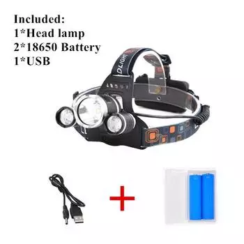 KJ перезаряжаемый зум-светодиодный налобный фонарь для рыбалки, охотничий налобный фонарь, налобный фонарь для кемпинга, фонарик, головной свет 2 x Battery+USB чёрный