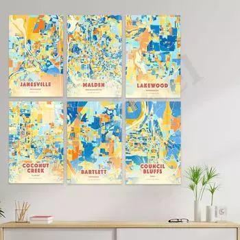 Клэр.Мариетта.Дуранго.Пикеринг.Ред Дир.Редмонд.Гуадалупе. Бартлетт. Молден. Лейквуд. Джейнсвилл. Плакат с цветной картой города 21cm30cm NoFrame