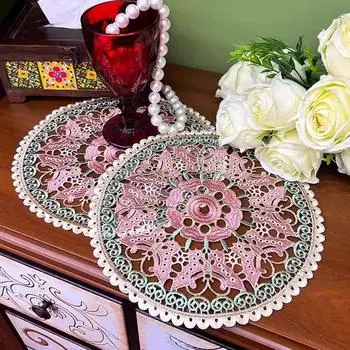 Классическая американская вышивка крючком круглый цветной коврик для стола ваза бонсай подставка для подноса фруктовая тарелка подставка для столовых приборов украшение для праздничной вечеринки Round 30cm
