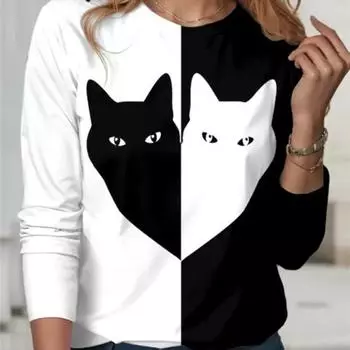 Классическая черно-белая футболка с принтом кота контрастного цвета, женские милые модные топы с длинными рукавами, повседневная уличная свободная рубашка большого размера S