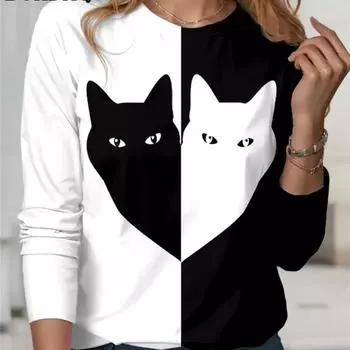Классическая черно-белая футболка с принтом кота контрастного цвета, женские милые модные топы с длинными рукавами, повседневная уличная свободная рубашка большого размера S