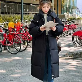 Классическая длинная куртка-пуховик с капюшоном, длинная женская стеганая верхняя одежда, куртка с большим карманом, женские толстые утепленные топы с длинным рукавом, теплое пальто с карманами XL синий