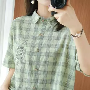 Классическая карманная вышитая буква свободная универсальная корейская версия утягивающая рубашка с короткими рукавами в клетку для женщин M зелёный