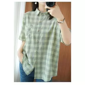 Классическая карманная вышитая буква свободная универсальная корейская версия утягивающая рубашка с короткими рукавами в клетку для женщин M зелёный