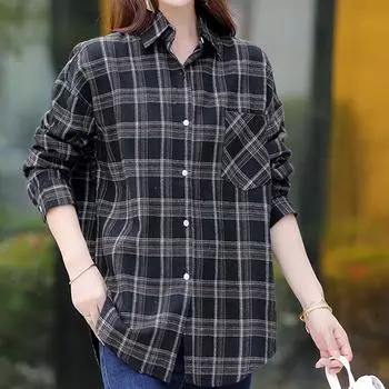 Классическая клетчатая рубашка, простые топы, весенне-осенние рубашки с длинными рукавами с лацканами, женская хлопковая блузка с начесом, азиатский размер M синий