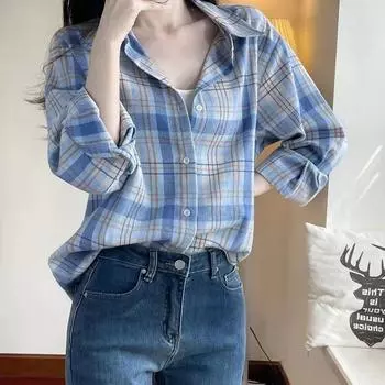 Классическая клетчатая рубашка с длинными рукавами. Простая повседневная верхняя одежда. M синий