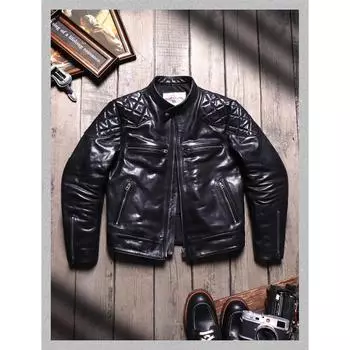 Классическая куртка Rider из натуральной кожи. Роскошное пальто из итальянской дубленой телячьей кожи толщиной 1,4 мм. Мягкая кожа в стиле ретро. 4XL чёрный