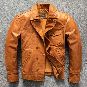 Классическая мужская готовая короткая мотоциклетная куртка из телячьей кожи с верхним слоем M