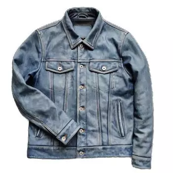 Китайский размер Classic 507 Мужская кожаная куртка из натуральной коровьей кожи Винтаж синего цвета Тонкая короткая весна-осень S
