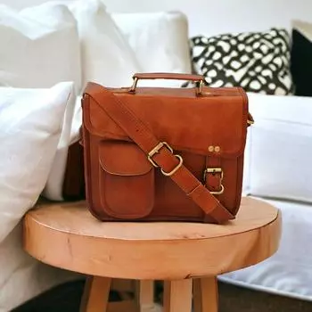 Классическая мужская сумка через плечо для I-pad ручной работы из натуральной козьей коричневой кожи 11 x 9 x 3 in коричневый