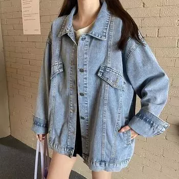 Классическая однотонная джинсовая куртка средней длины размера плюс с длинными рукавами для женщин, синяя тонкая блузка с загнутыми манжетами, офисная женская весенняя джинсовая куртка