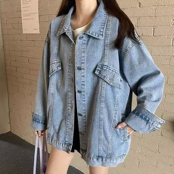 Классическая однотонная джинсовая куртка средней длины размера плюс с длинными рукавами для женщин, синяя тонкая блузка с загнутыми манжетами, офисная женская весенняя джинсовая куртка S синий