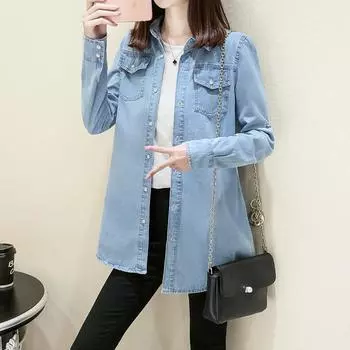 Классическая однотонная джинсовая куртка средней длины с длинными рукавами для женщин, синяя тонкая блузка с рваными завитками на манжетах, офисная женская весенняя джинсовая куртка S темно-синий