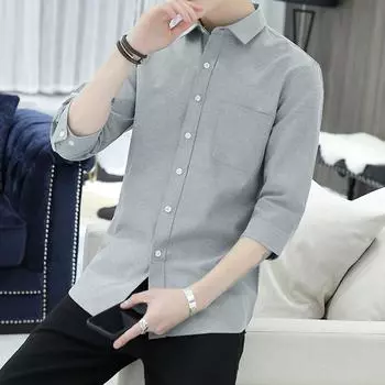 Классическая однотонная мужская рубашка, мужская повседневная рубашка с рукавом три четверти и лацканами, новая однобортная мужская блузка, тонкая рубашка для поездок на работу M белый