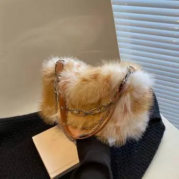 Классическая плюшевая сумка-саквояж в стиле тай-дай, женская новинка, кошелек с цепочкой из искусственного меха на зиму коричневый