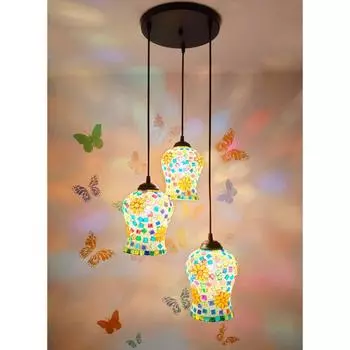 Классическая подвесная стеклянная мозаичная люстра с тремя светильниками, подвески, потолочная лампа