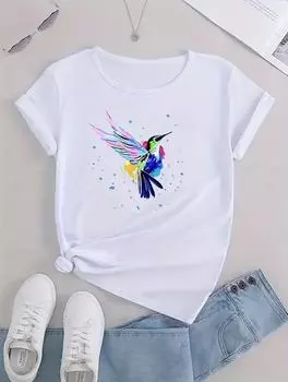 Классическая повседневная женская белая хлопковая футболка с нежным принтом S