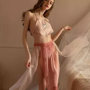 Классическая сексуальная пижама из шифона с прозрачным карманом на животе, униформа, соблазн, горячее чистое желание, легкая пряжа, антикварная вышивка, сексуальный костюм One size fits all [recommended 80-62.5 kg]