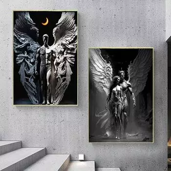 Классическая скульптура пары ангелов, принты для плакатов для гостиной, домашний декор, скандинавская современная статуя ангела, холст, картина, настенное искусство, без рамки 21*30cm