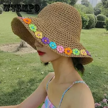 Классическая соломенная шляпа-ведро с цветком, складная стильная рыболовная кепка, регулируемая защита от солнца, дорожные шляпы для женщин one size света кофе