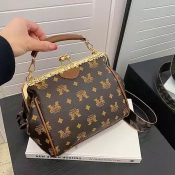 Классическая сумка через плечо с замком Kiss-Lock, текстурированная сумка с верхней ручкой в стиле ретро, женская сумка из искусственной кожи в клетку с буквенным принтом