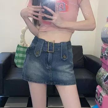 Классическая универсальная износостойкая юбка-бюстье, внешняя, ретро-силуэт, облегающая, суперкороткая юбка, брюки, женская летняя мода, джинсовая короткая юбка S синий