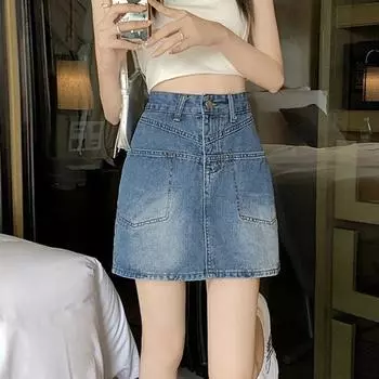 Классическая универсальная короткая юбка с высокой талией и разрезными карманами, дизайн Sense Package, хип-хоп, А-силуэт, полуоблегающая винтажная юбка, женская летняя модная джинсовая короткая юбка S синий