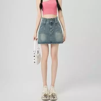 Классическая универсальная короткая юбка с высокой талией, юбка-трапеция с двумя пуговицами, универсальная юбка в стиле ретро с поясом на бедрах, женская летняя модная джинсовая короткая юбка S синий
