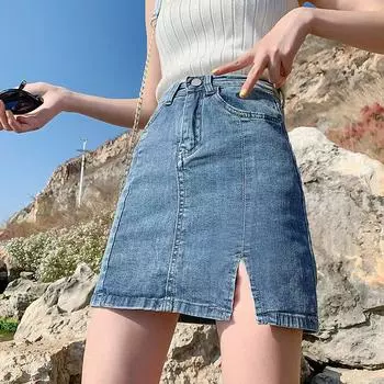 Классическая универсальная молодежная эластичная юбка с высокой талией, юбка-трапеция с разрезом, юбка-бюстье в стиле ретро, женская летняя модная джинсовая короткая юбка S синий