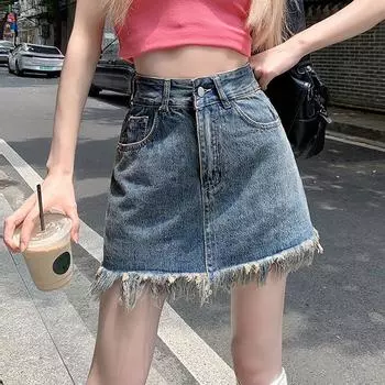 Классическая универсальная молодежная износостойкая юбка Полувинтажная юбка А-силуэта с принтом в виде талии Юбка с кисточками Необработанный край Женская летняя модная джинсовая короткая юбка S синий