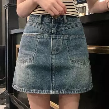 Классическая универсальная молодежная короткая юбка в стиле ретро с разрезными карманами, повседневная юбка с высокой талией, А-силуэт, супер женская летняя модная джинсовая короткая юбка S синий